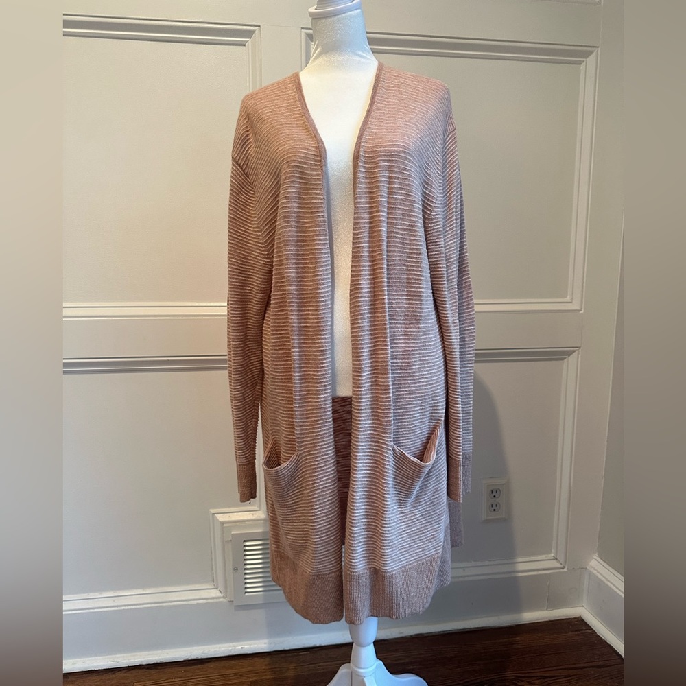 Madewell Mauve and Cream Striped, Open Front, Long Sweater Cardigan | Size M